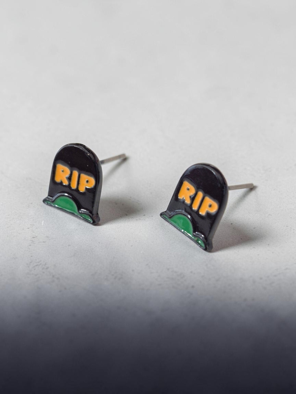 Halloween RIP Tombstone Stud Earrings in Black, Orange & Green